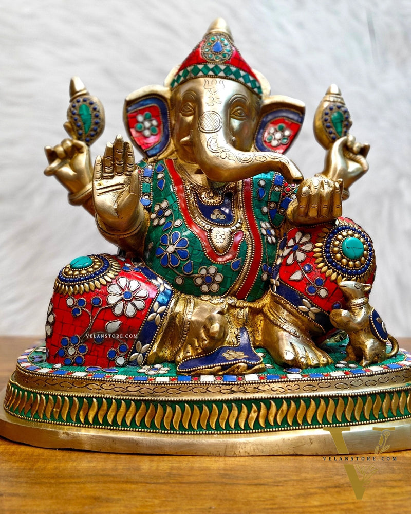 Brass Ganesha statue unique work - 15 inch