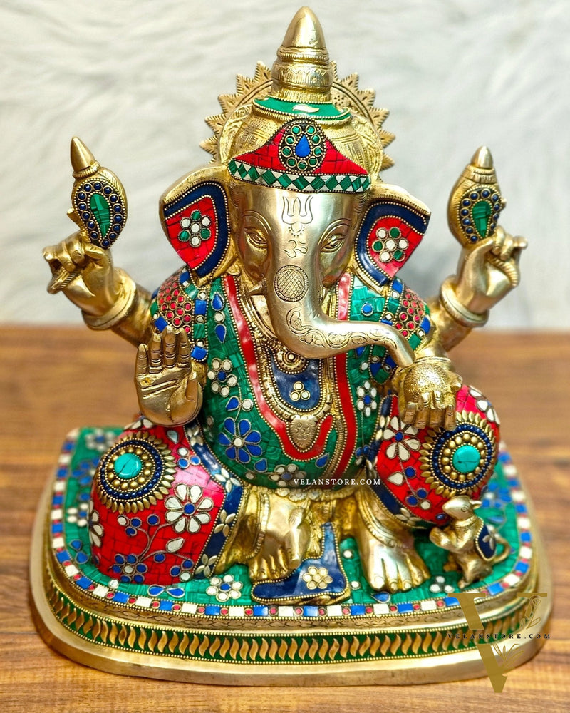 Brass Ganesha statue unique work - 15 inch