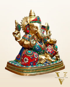 Brass Ganesha statue unique work - 15 inch