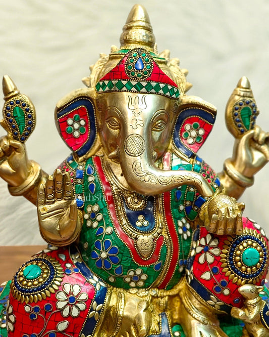 Brass Ganesha statue unique work - 15 inch