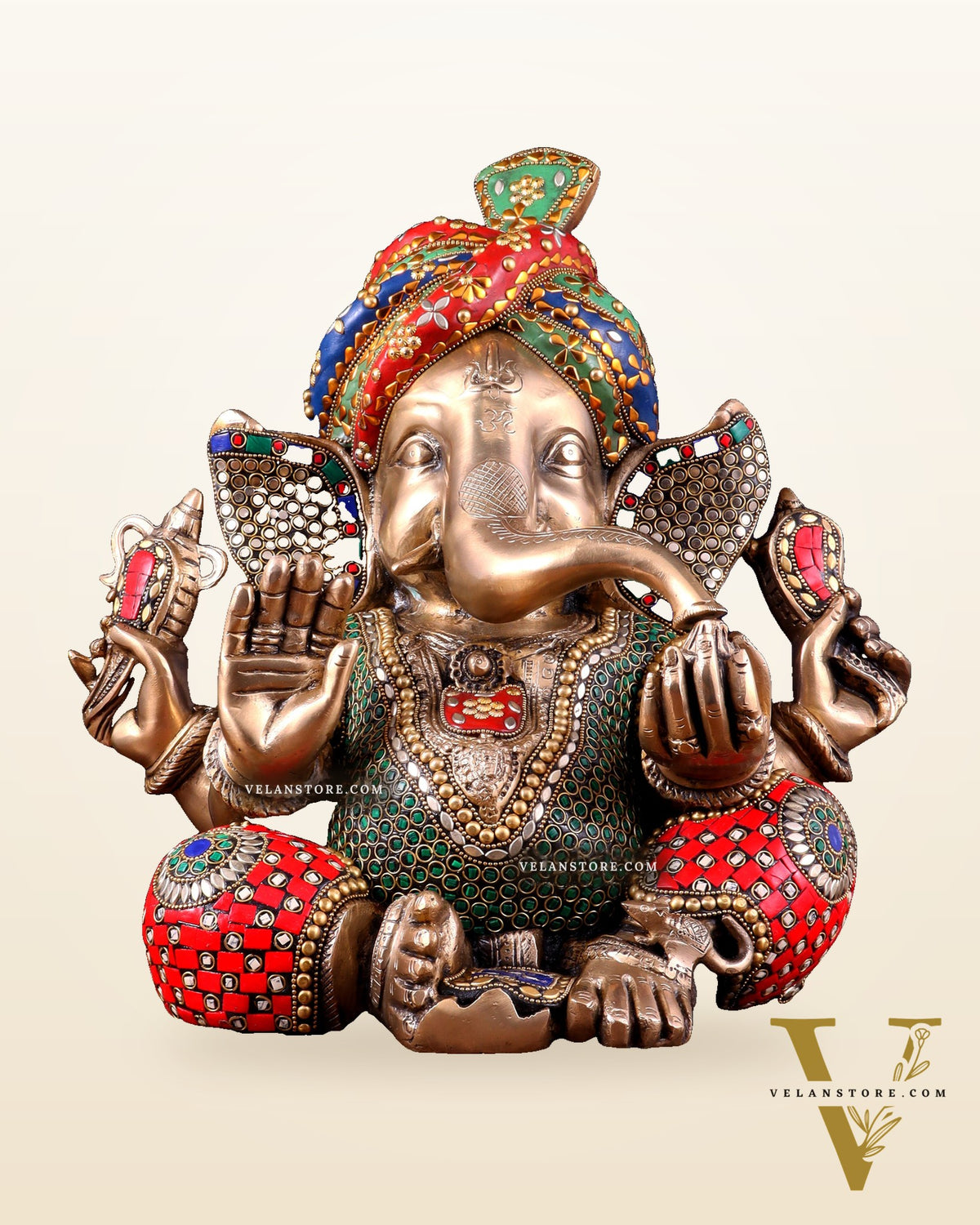 Brass Ganesha statue wearing a turban idol 14" meenakari Stonework
