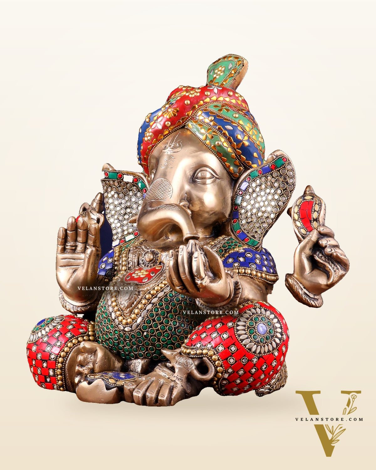 Brass Ganesha statue wearing a turban idol 14" meenakari Stonework