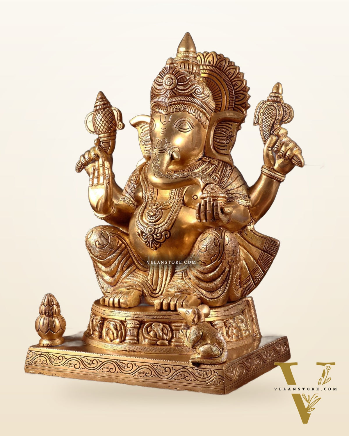 Brass Ganesha Statue with Ashtavinayak Carvings – 15 Inch antique tone