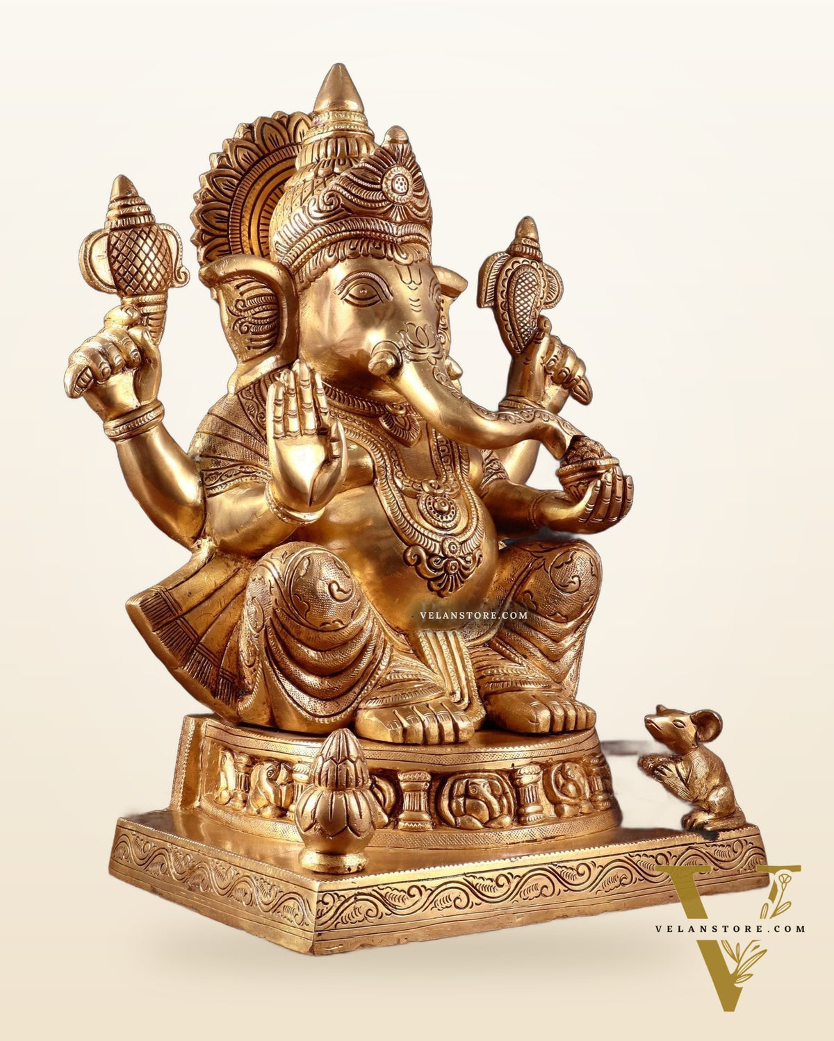 Brass Ganesha Statue with Ashtavinayak Carvings – 15 Inch antique tone