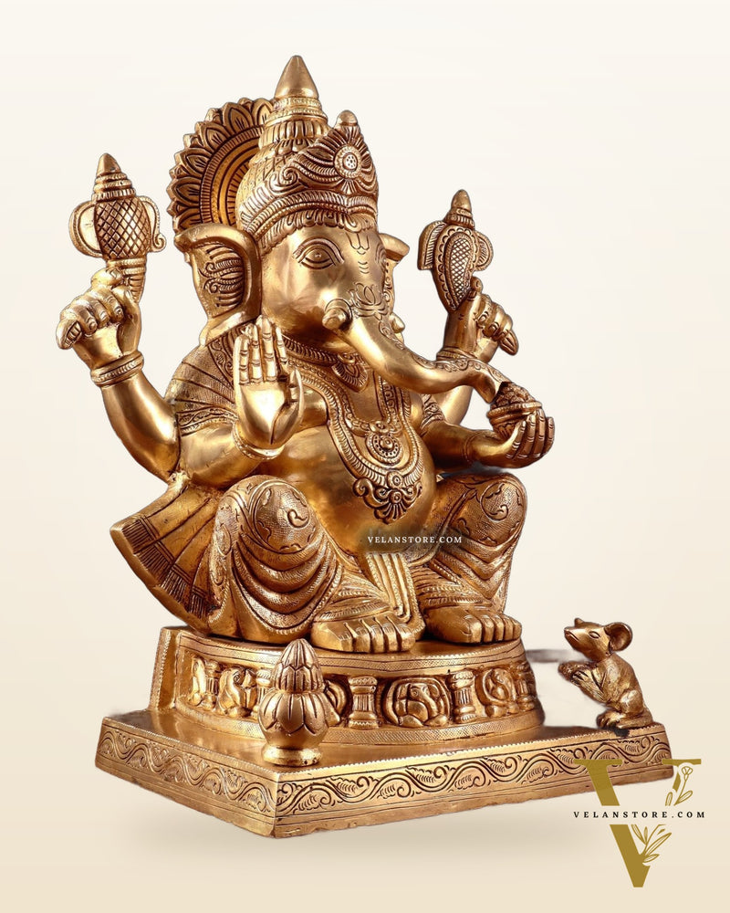 Brass Ganesha Statue with Ashtavinayak Carvings – 15 Inch antique tone