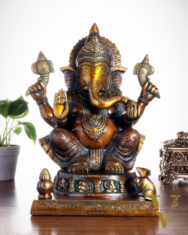 Brass Ganesha Statue with Ashtavinayak Carvings – 15 Inch chola tone