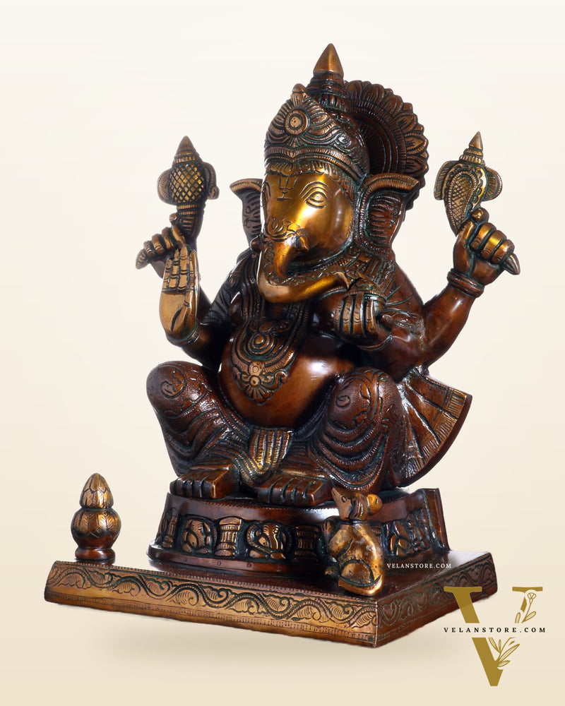 Brass Ganesha Statue with Ashtavinayak Carvings – 15 Inch chola tone