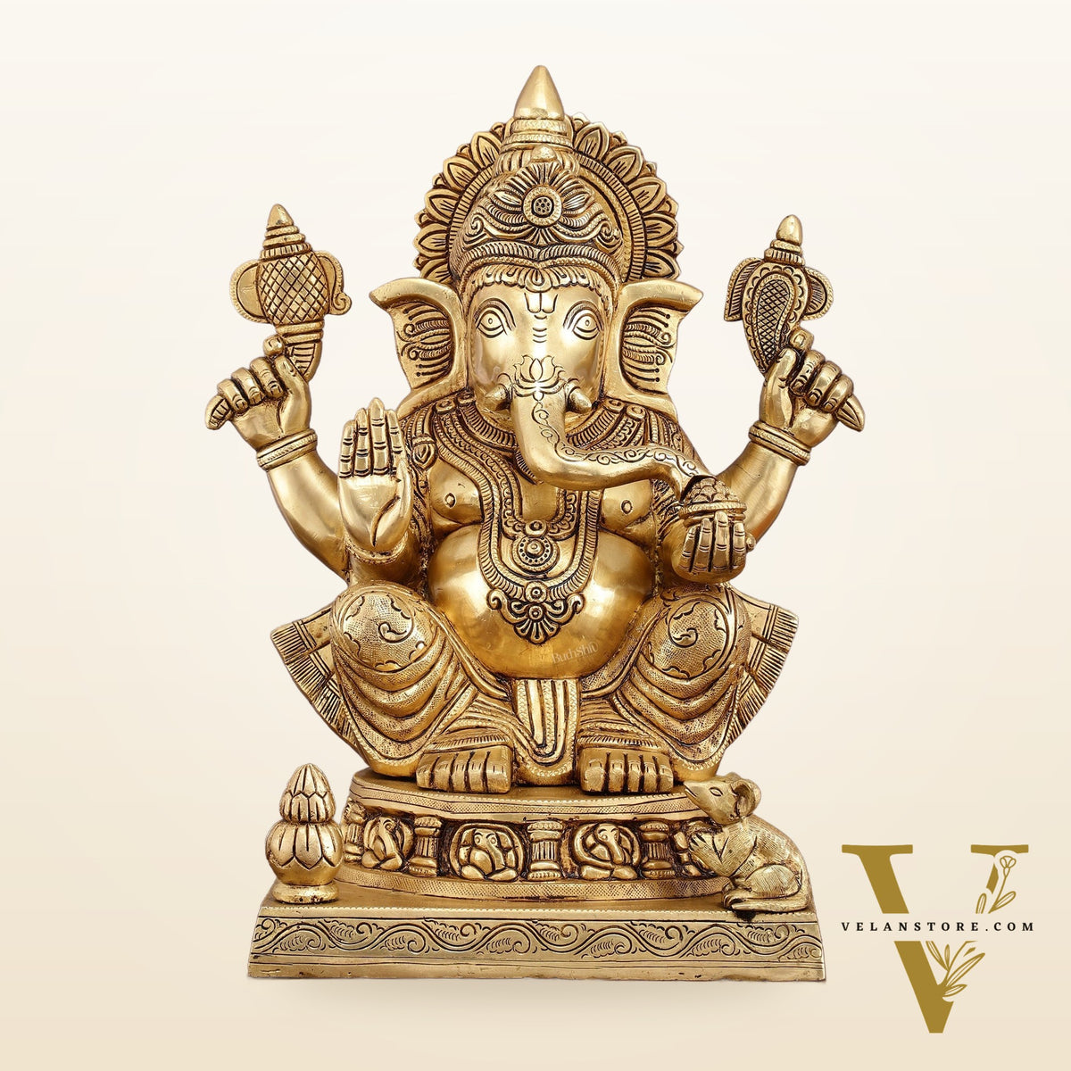 Brass Ganesha Statue with Ashtavinayak Carvings – 15 Inch
