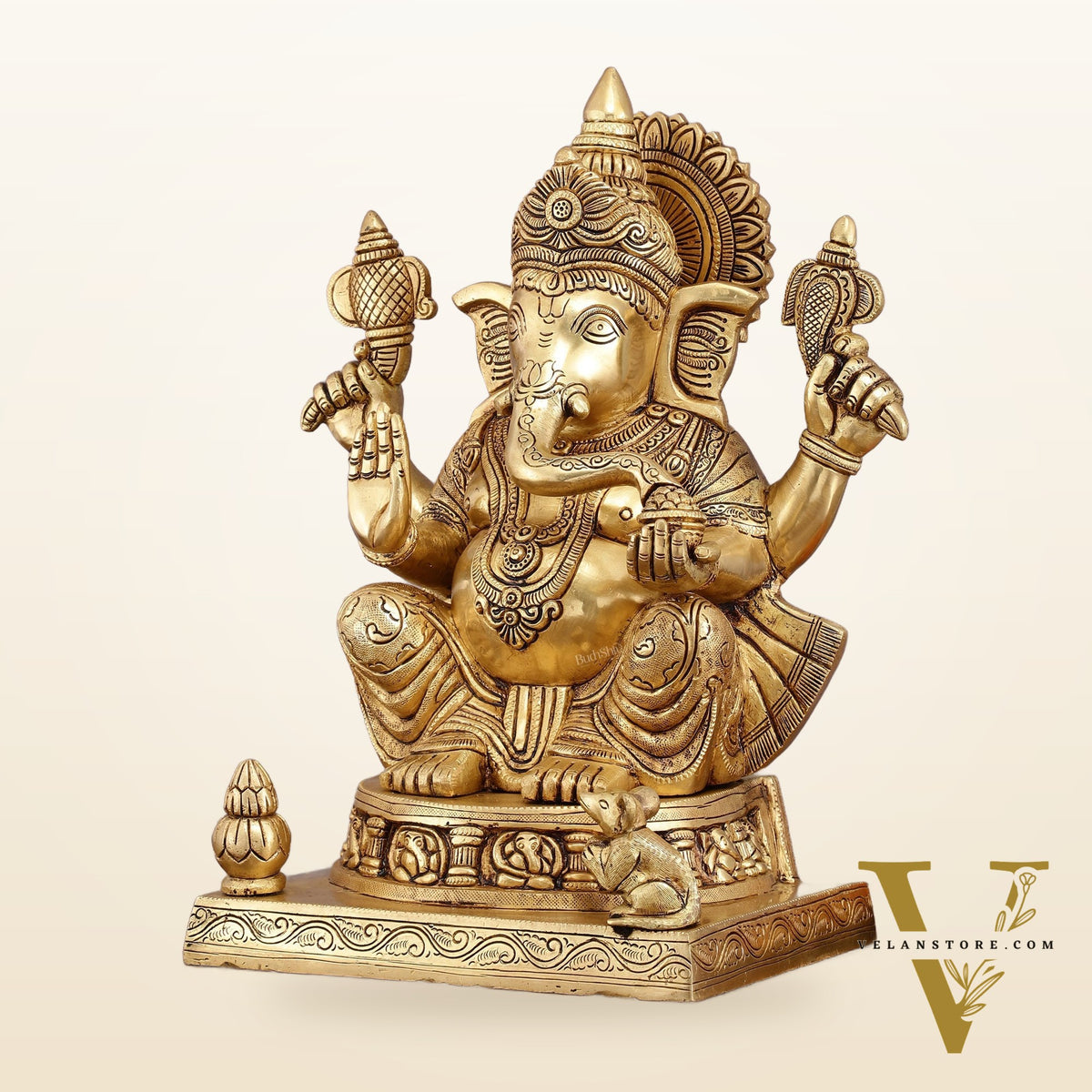 Brass Ganesha Statue with Ashtavinayak Carvings – 15 Inch