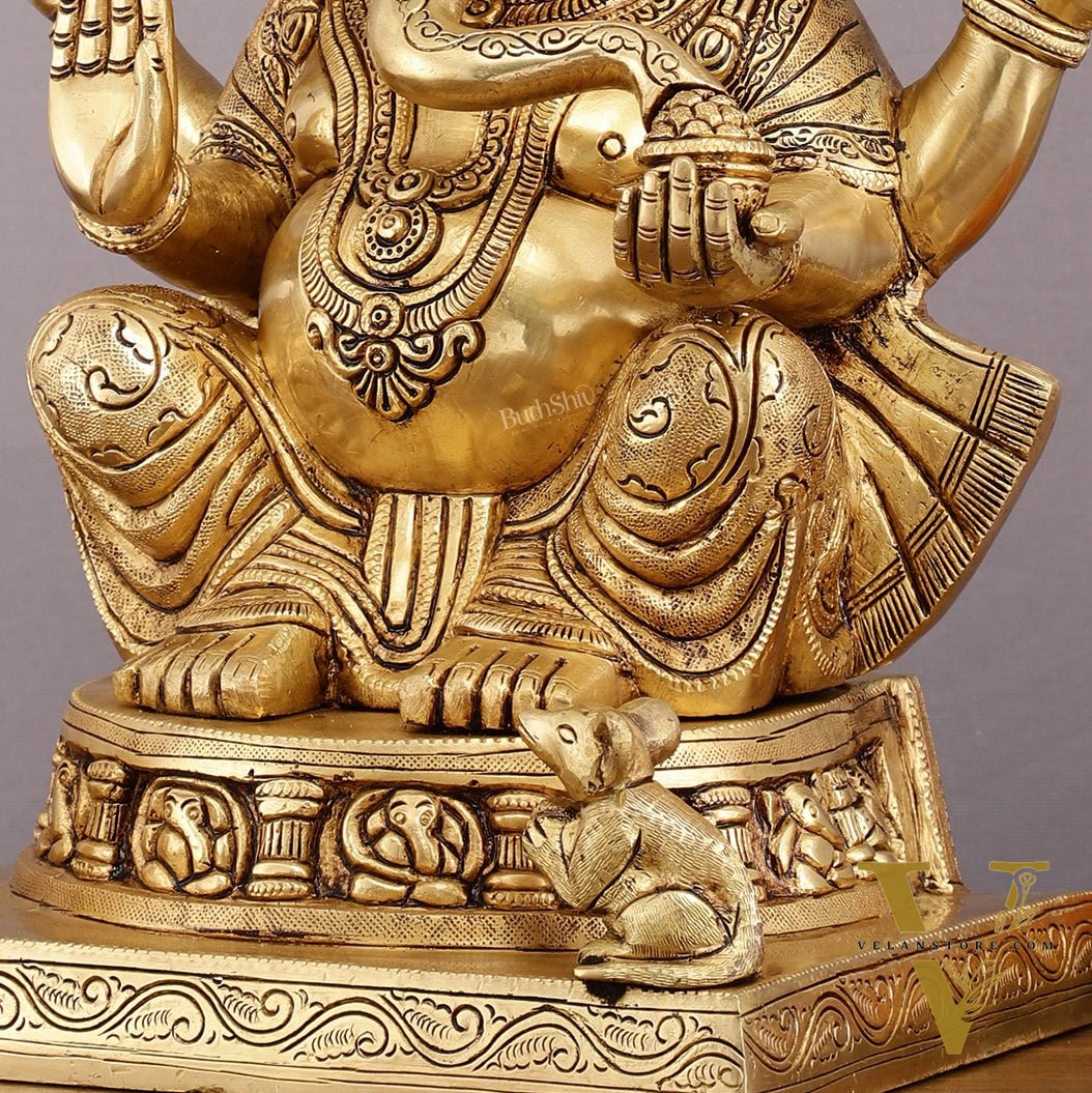 Brass Ganesha Statue with Ashtavinayak Carvings – 15 Inch