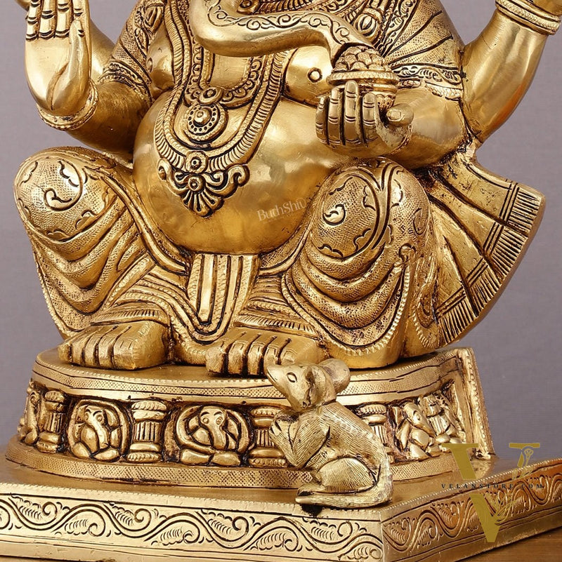 Brass Ganesha Statue with Ashtavinayak Carvings – 15 Inch