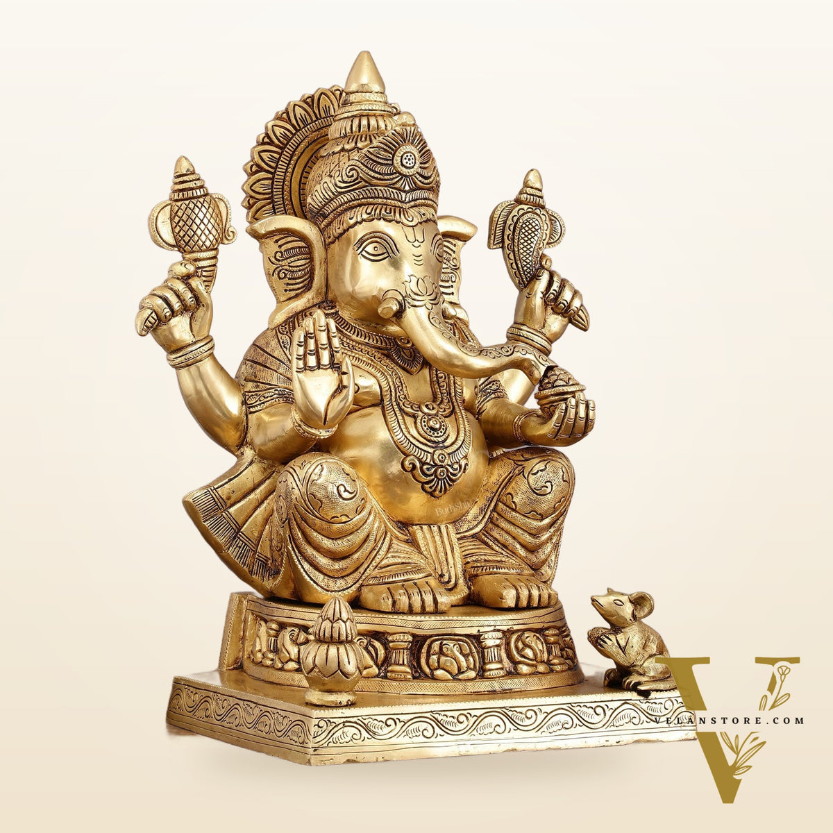 Brass Ganesha Statue with Ashtavinayak Carvings – 15 Inch