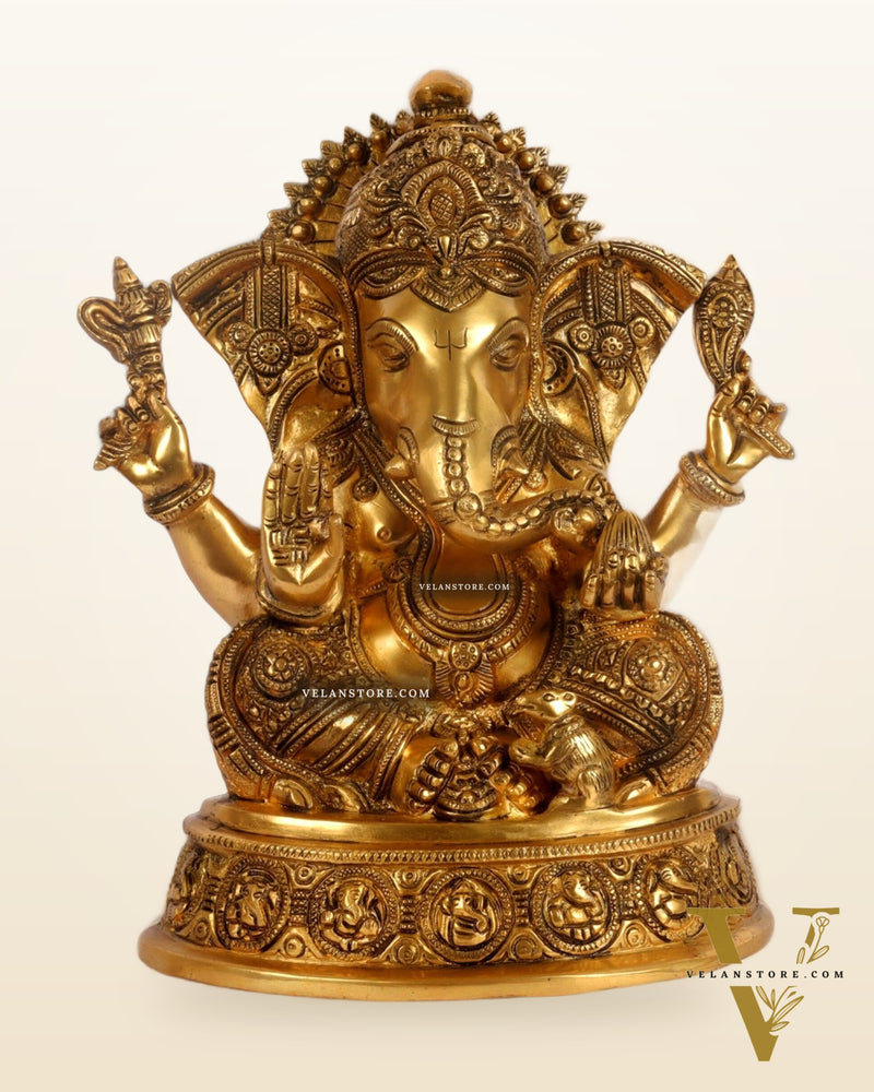 Brass Ganesha Statue with Ashtavinayaka carvings 11 inch