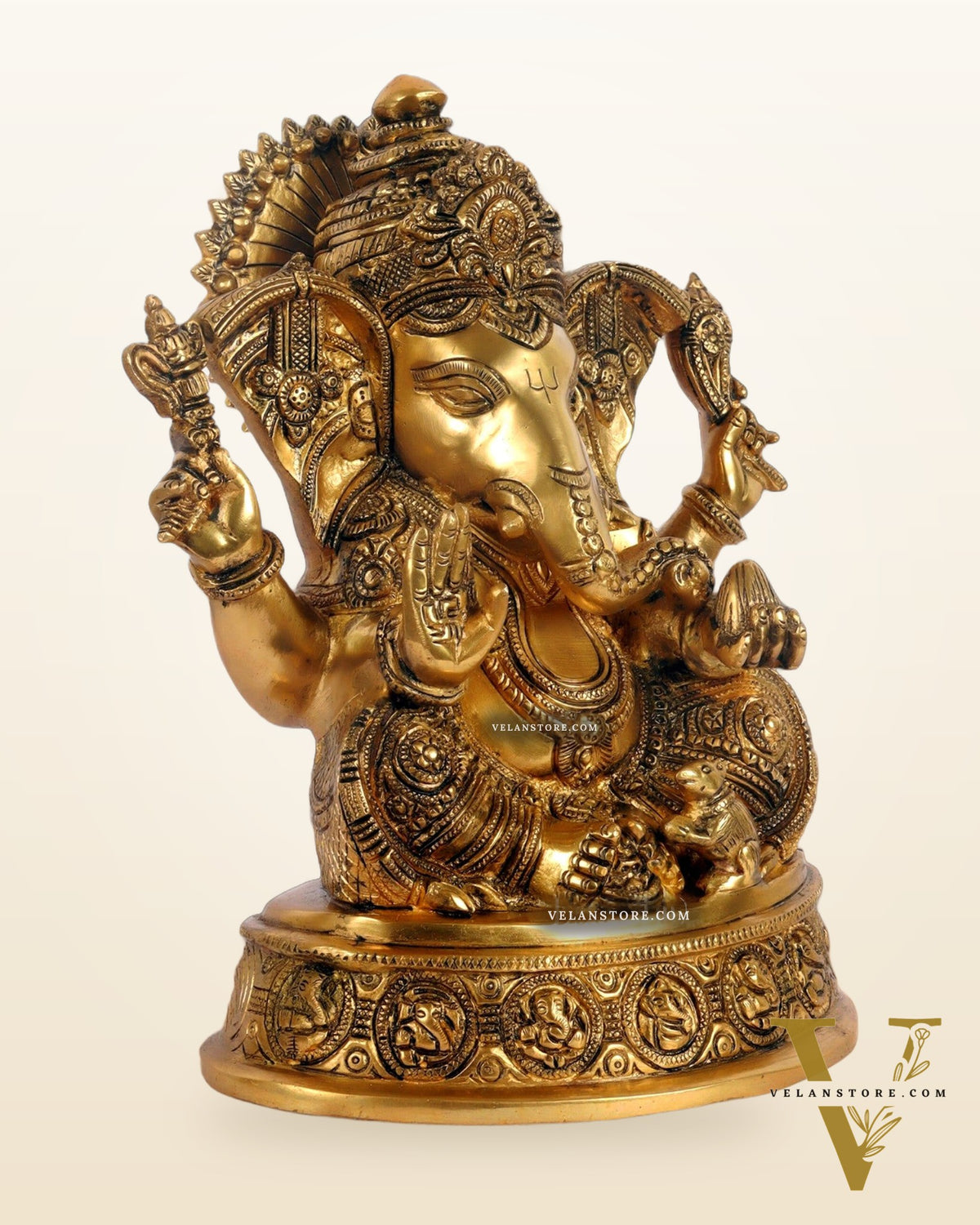 Brass Ganesha Statue with Ashtavinayaka carvings 11 inch