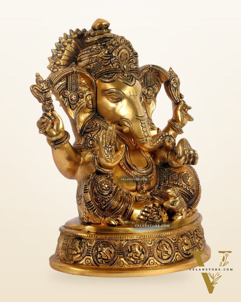 Brass Ganesha Statue with Ashtavinayaka carvings 11 inch