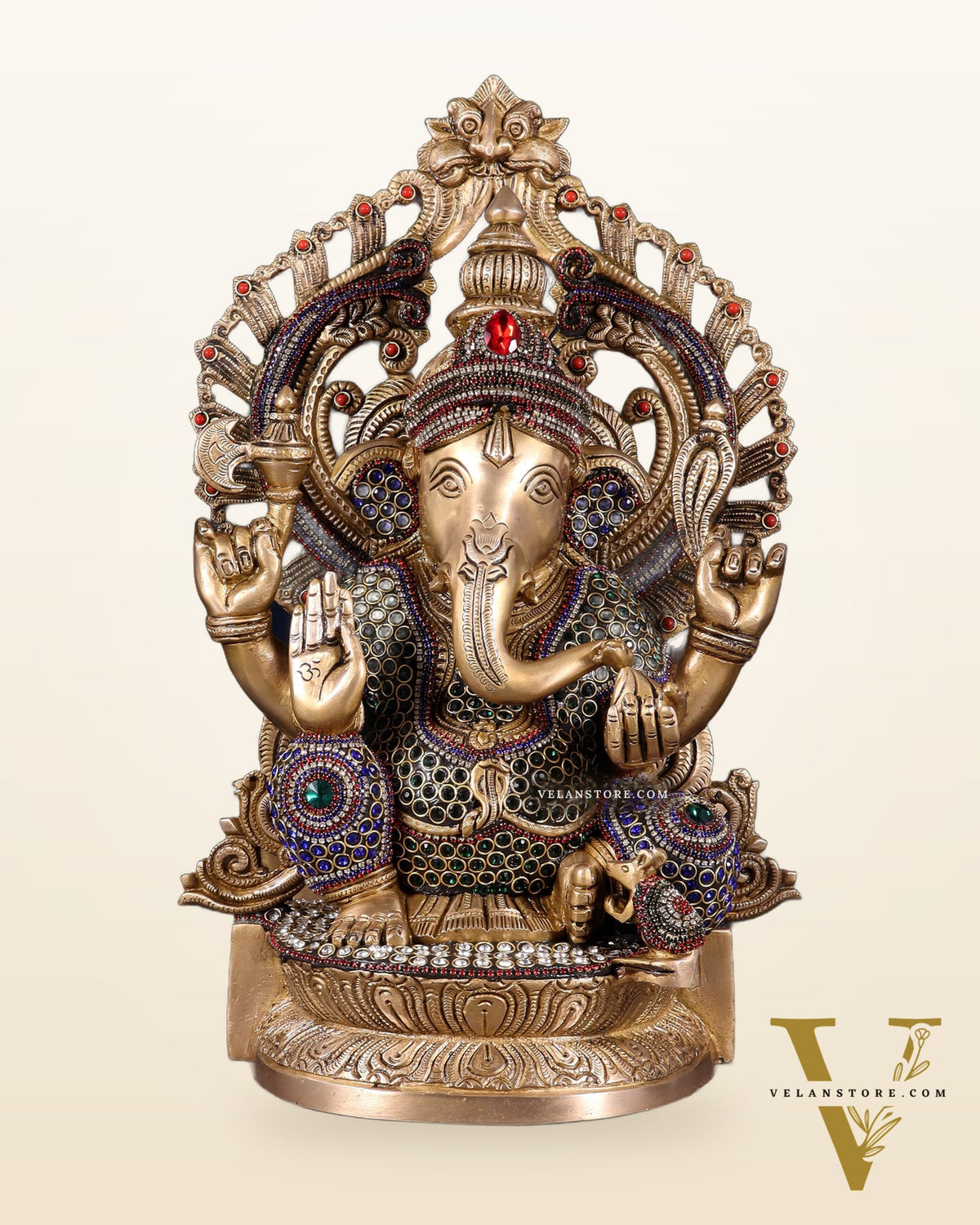 Brass Ganesha Statue with jewellers meenakari and Prabhavali 14"