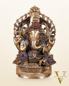 Brass Ganesha Statue with jewellers meenakari and Prabhavali 14"