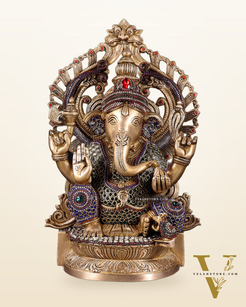 Brass Ganesha Statue with jewellers meenakari and Prabhavali 14"