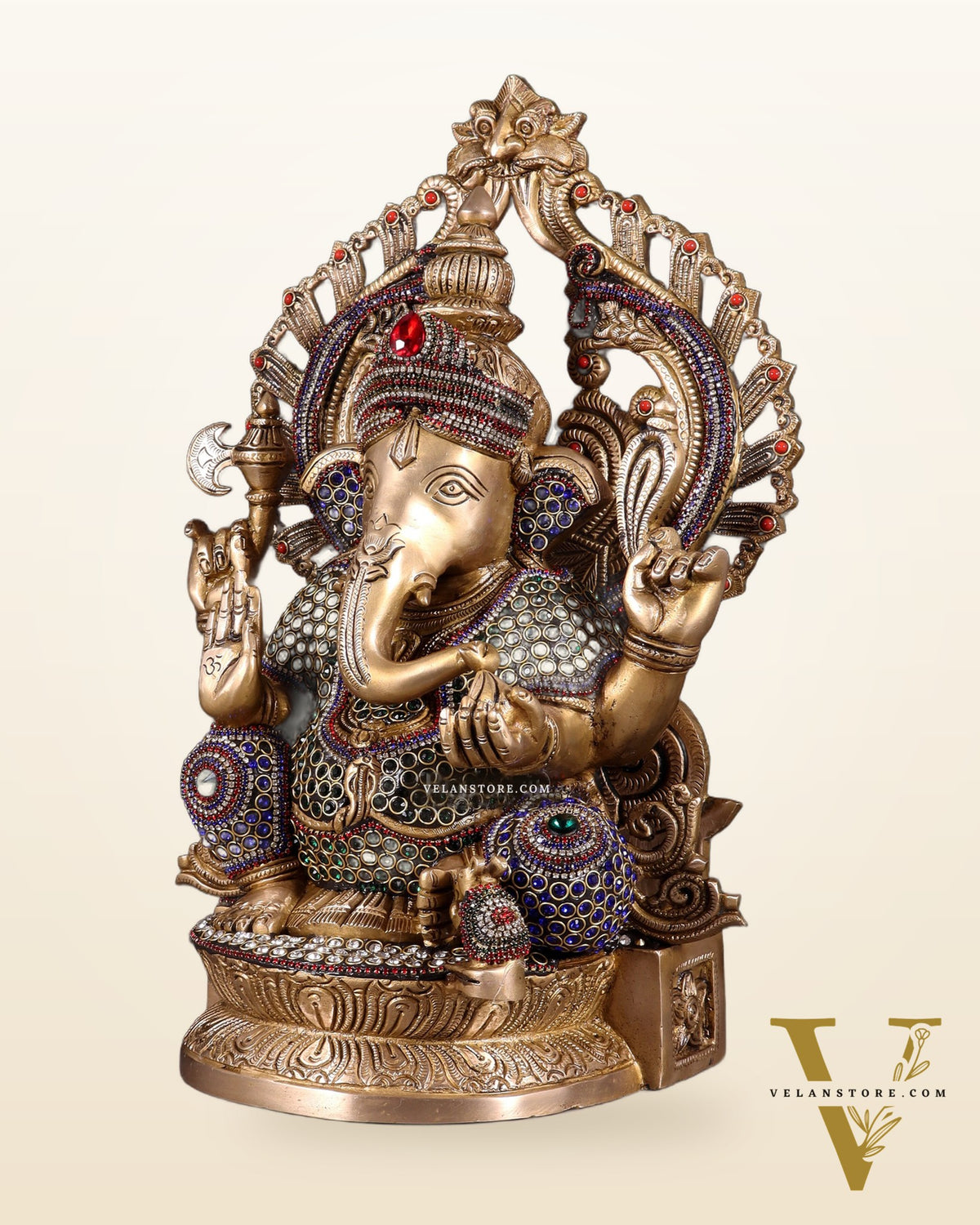 Brass Ganesha Statue with jewellers meenakari and Prabhavali 14"