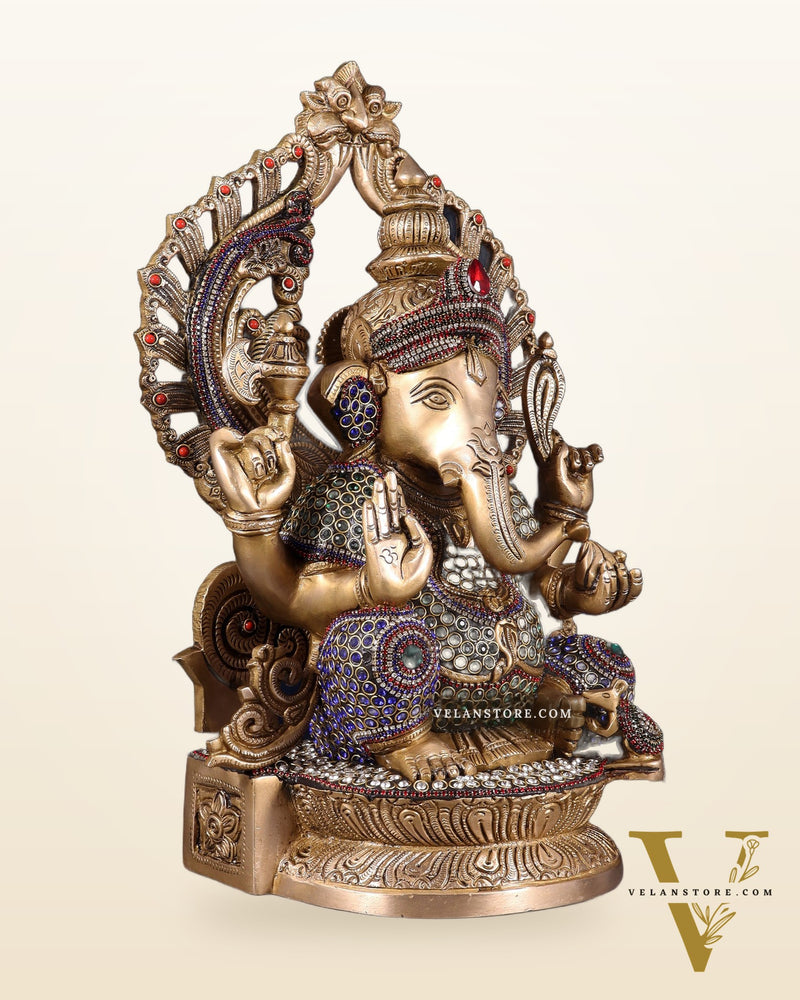 Brass Ganesha Statue with jewellers meenakari and Prabhavali 14"