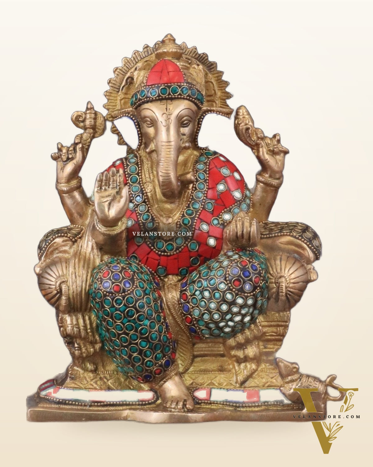 Brass Ganesha statue with Meenakari Stonework | 10" Height