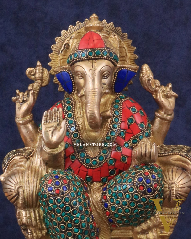 Brass Ganesha statue with Meenakari Stonework | 10" Height