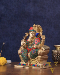 Brass Ganesha statue with Meenakari Stonework | 10" Height