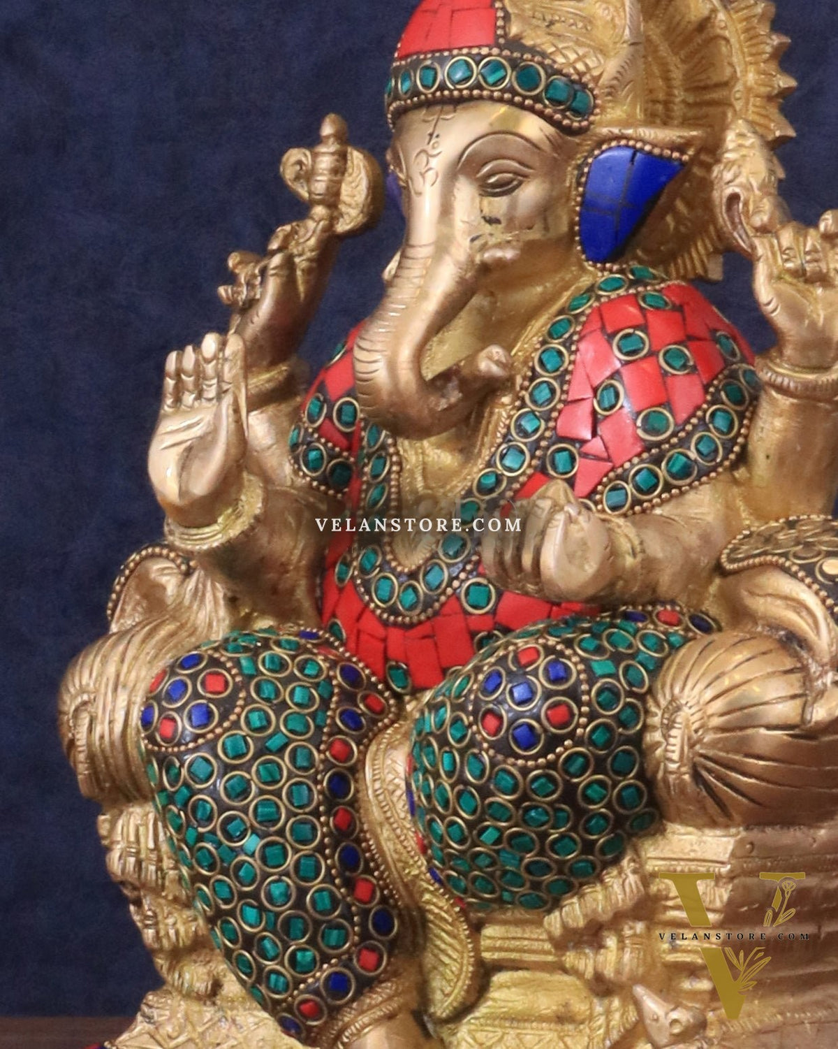 Brass Ganesha statue with Meenakari Stonework | 10" Height