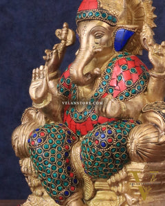 Brass Ganesha statue with Meenakari Stonework | 10" Height
