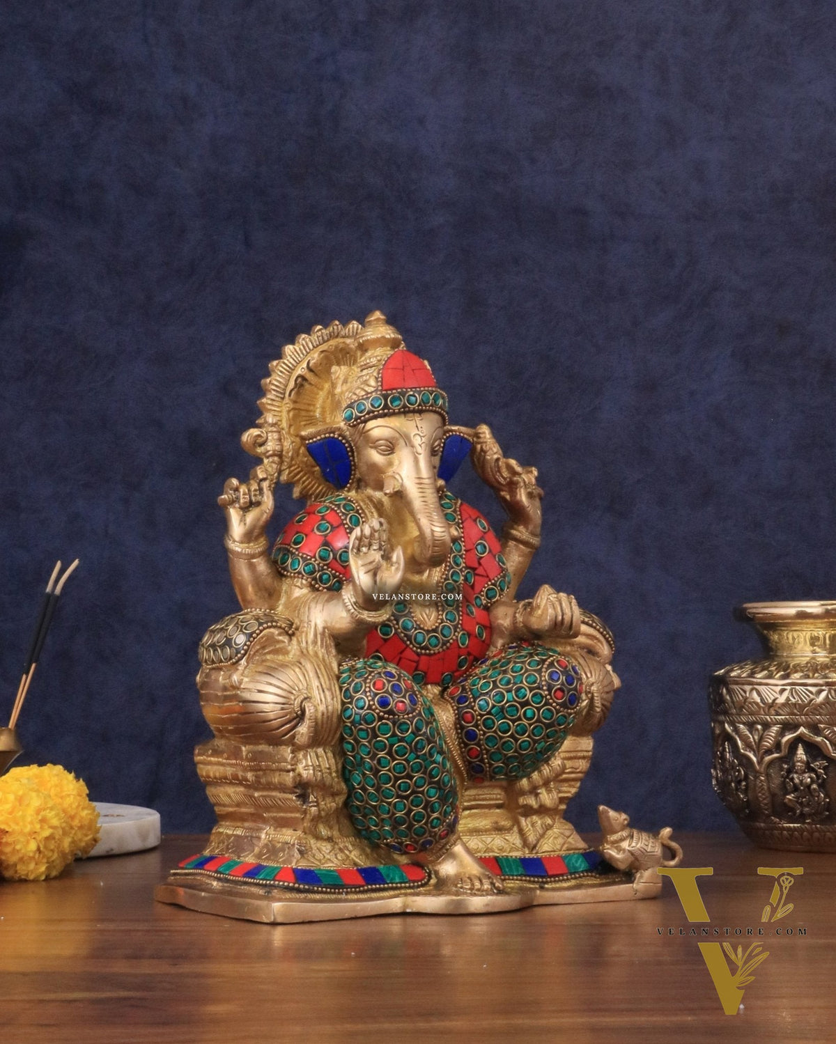 Brass Ganesha statue with Meenakari Stonework | 10" Height