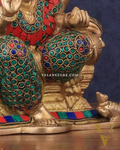Brass Ganesha statue with Meenakari Stonework | 10" Height