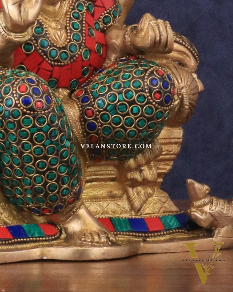 Brass Ganesha statue with Meenakari Stonework | 10" Height