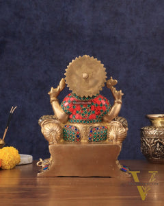 Brass Ganesha statue with Meenakari Stonework | 10" Height