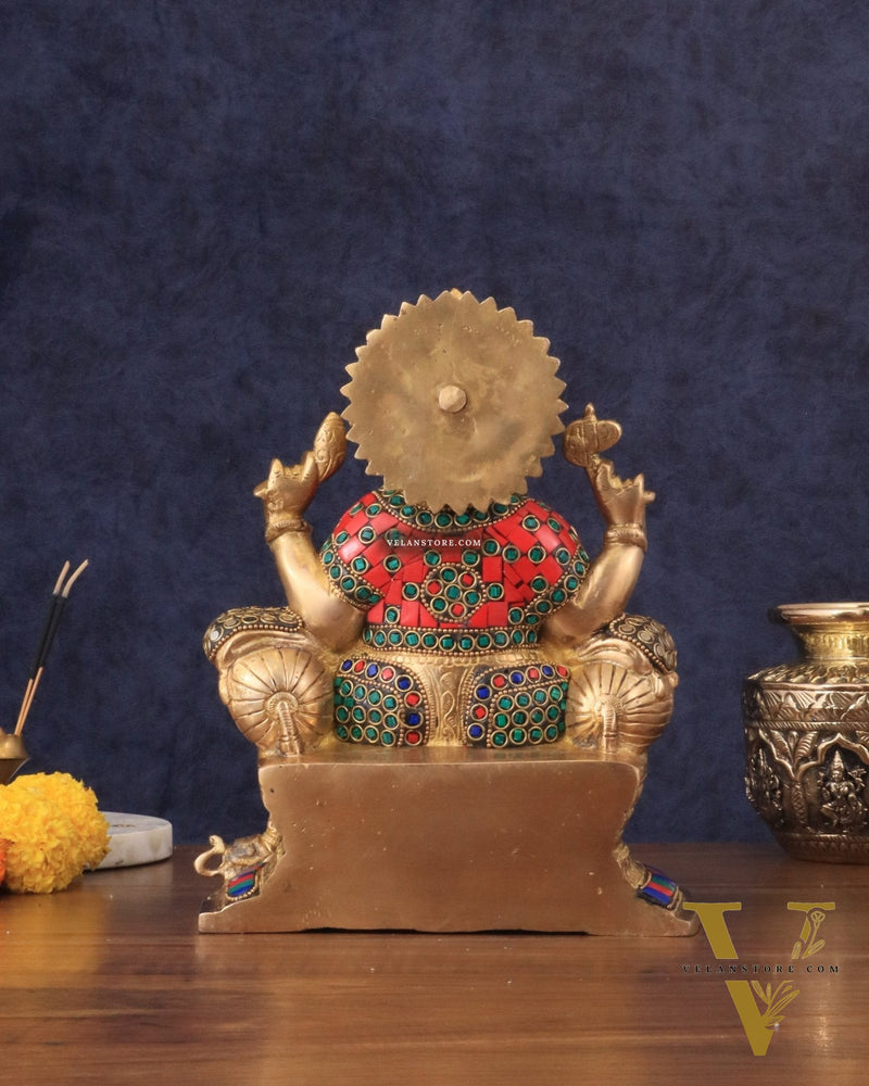 Brass Ganesha statue with Meenakari Stonework | 10" Height