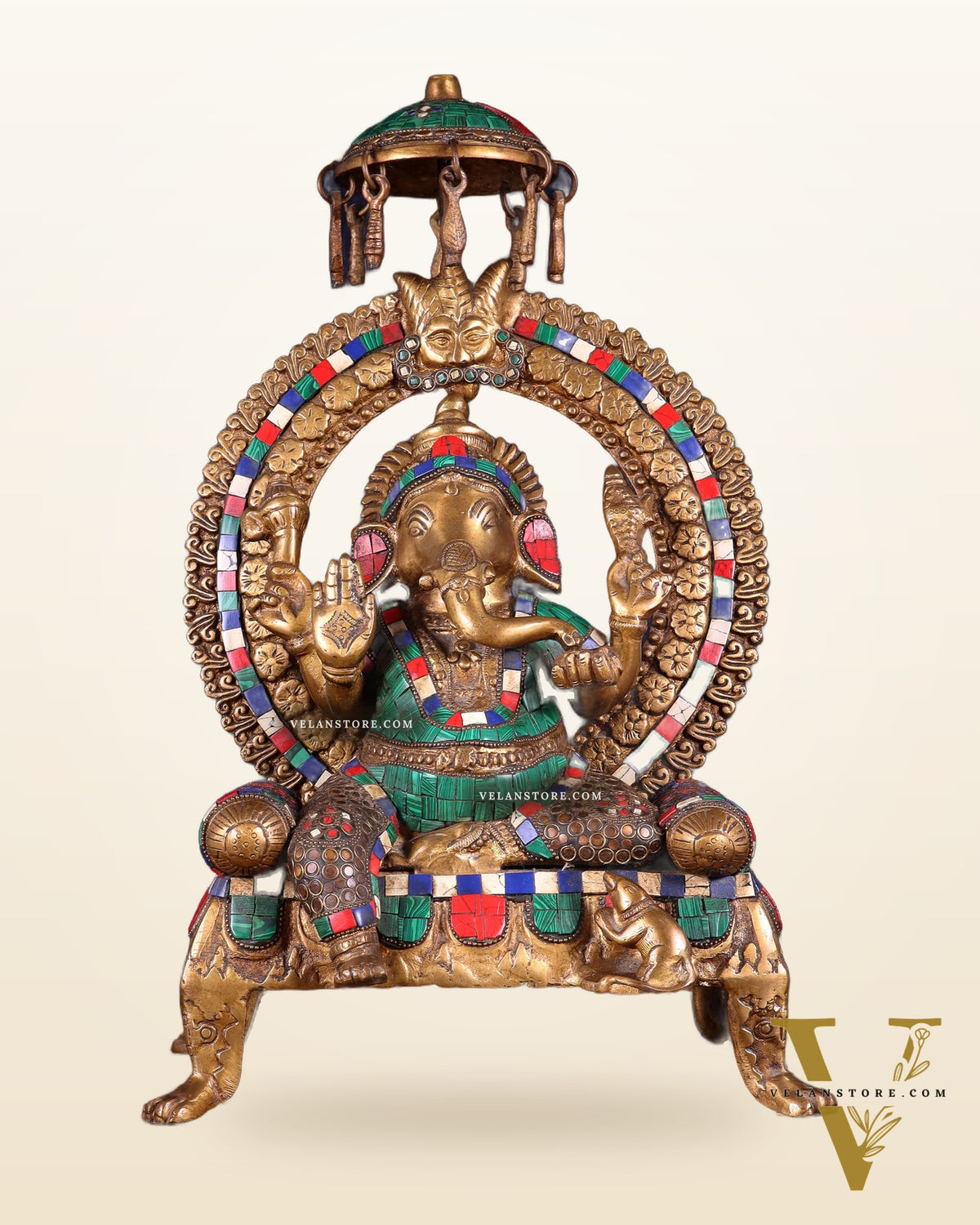 Brass Ganesha Statue with Natural Stone Embellishments - 17.5" Height