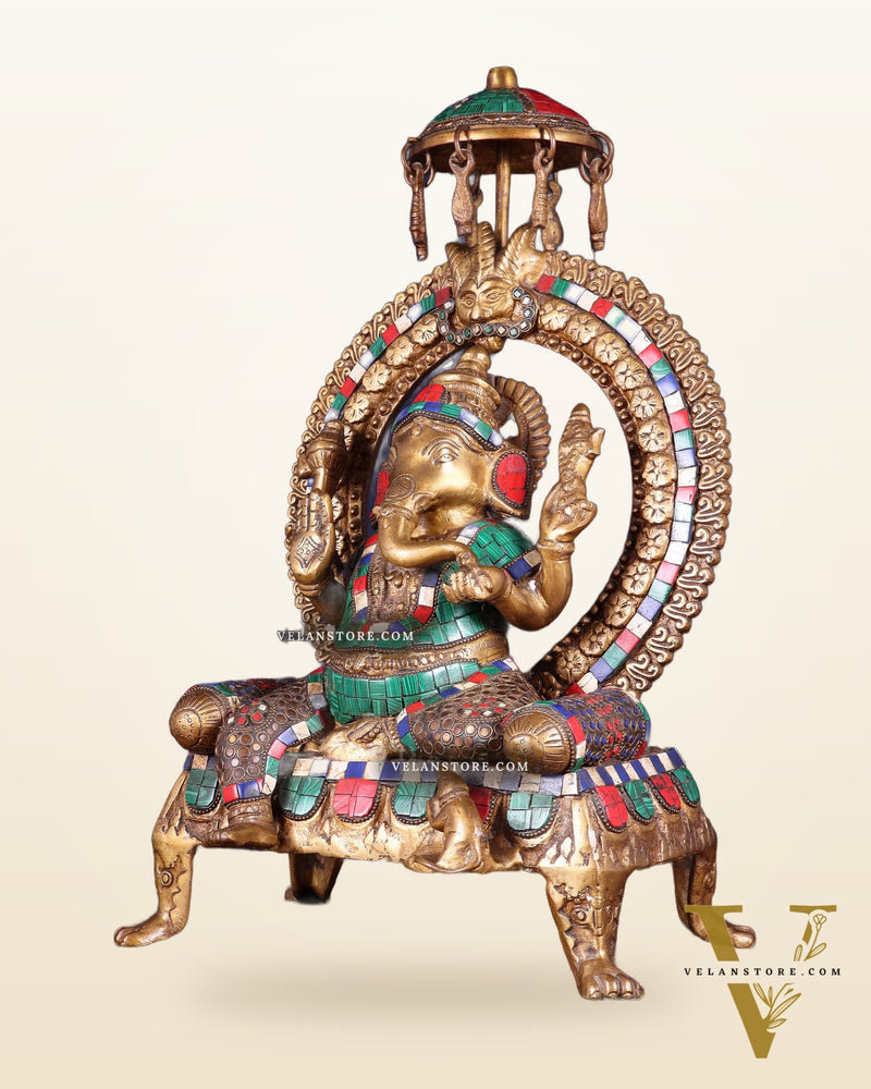 Brass Ganesha Statue with Natural Stone Embellishments - 17.5" Height