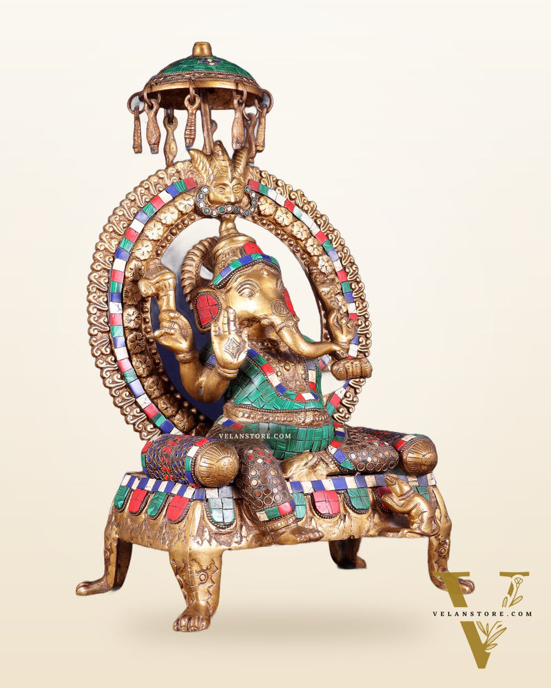 Brass Ganesha Statue with Natural Stone Embellishments - 17.5" Height