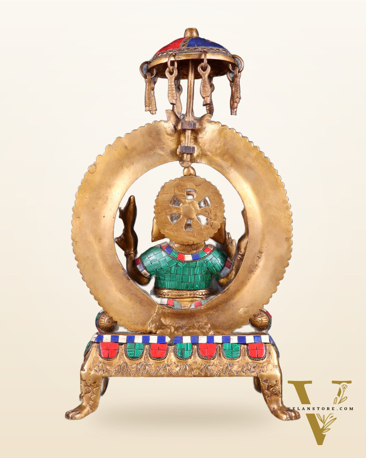 Brass Ganesha Statue with Natural Stone Embellishments - 17.5" Height