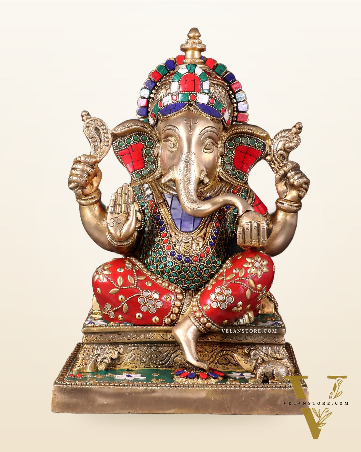 Brass Ganesha Statue with Stonework 12 inch