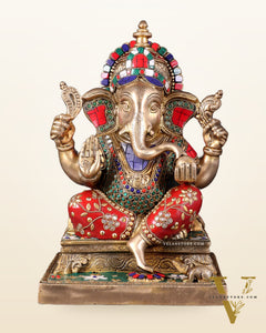Brass Ganesha Statue with Stonework 12 inch