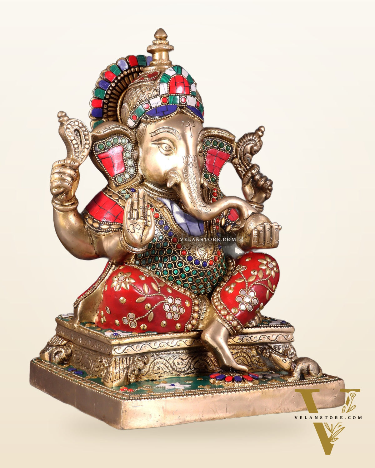Brass Ganesha Statue with Stonework 12 inch