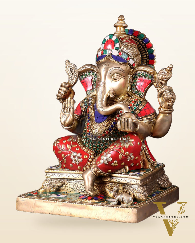 Brass Ganesha Statue with Stonework 12 inch
