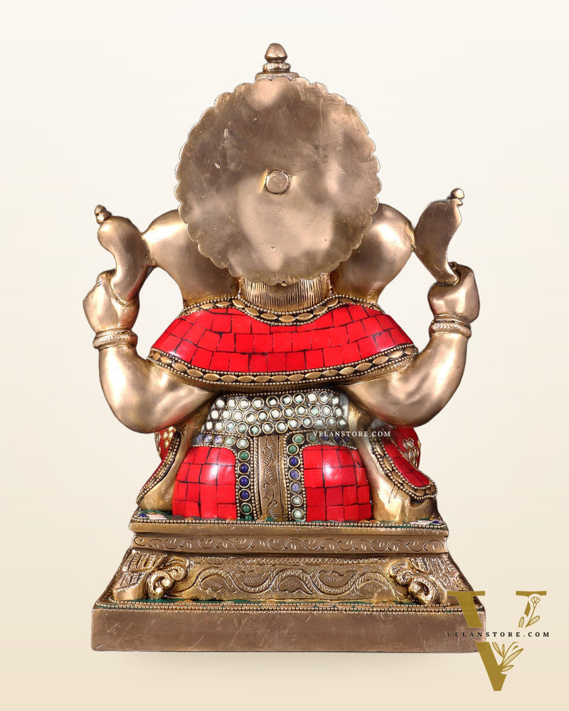 Brass Ganesha Statue with Stonework 12 inch