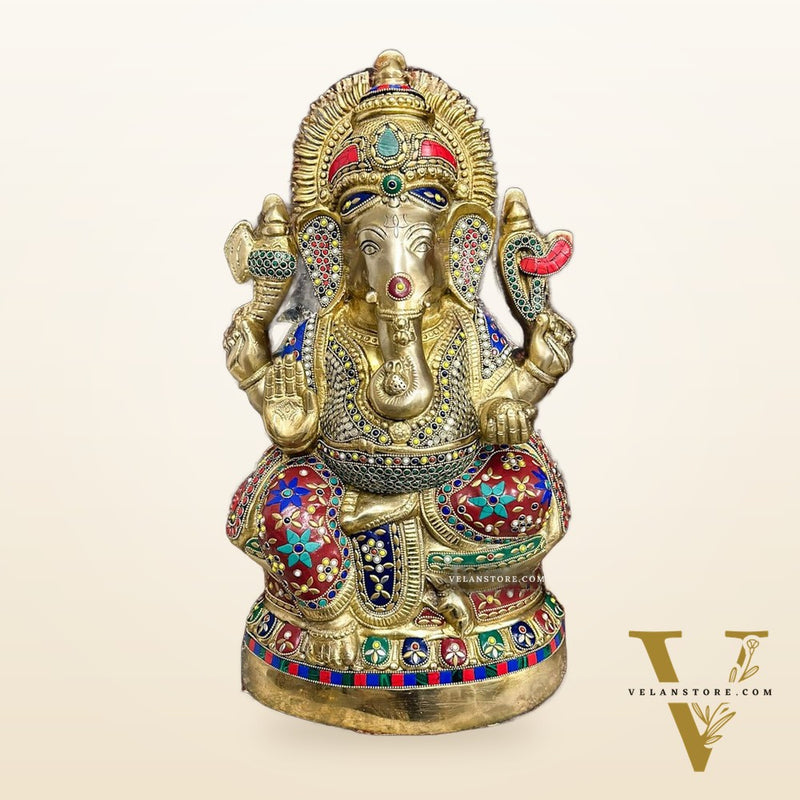 Brass Ganesha Statue with Stonework - 20"