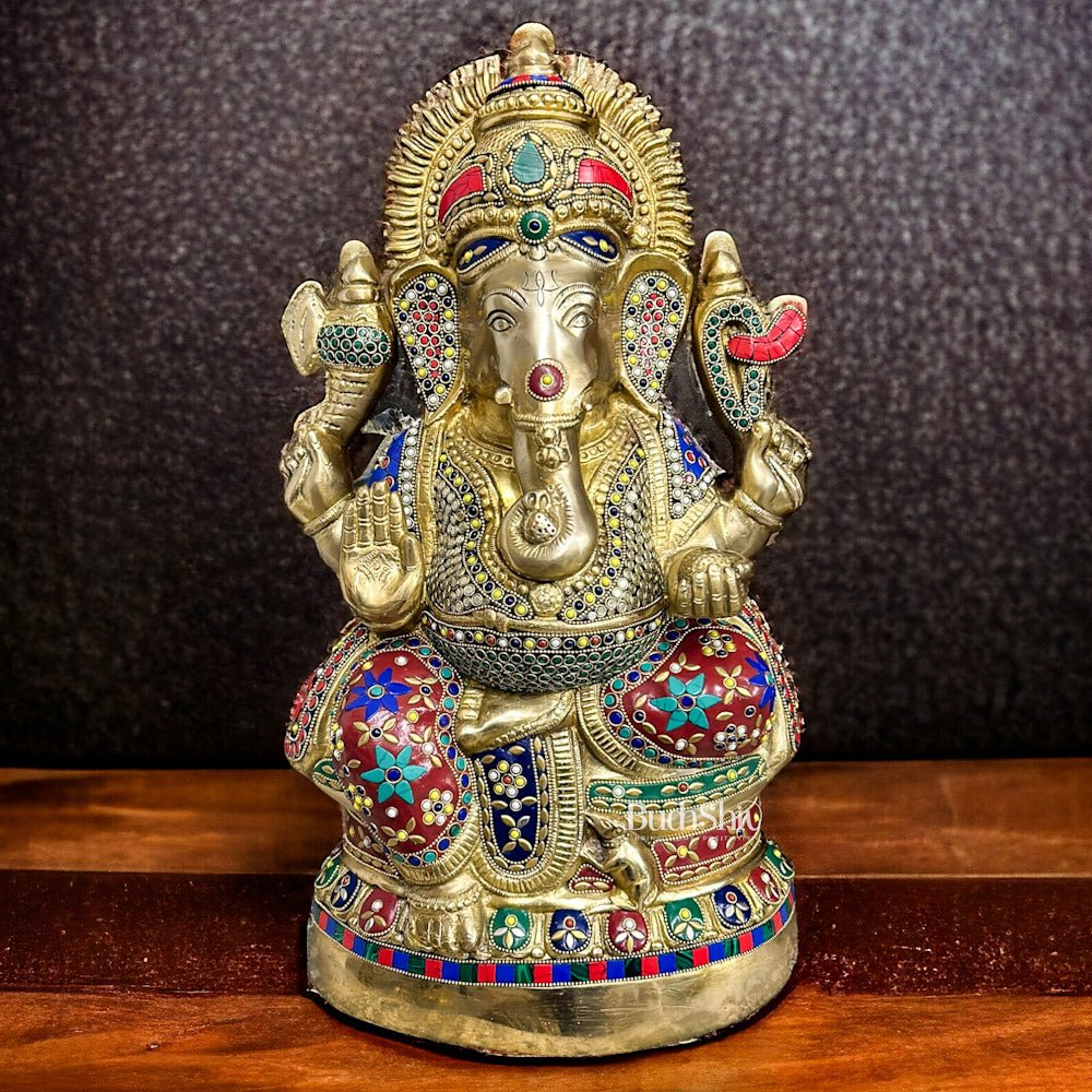Brass Ganesha Statue with Stonework - 20"