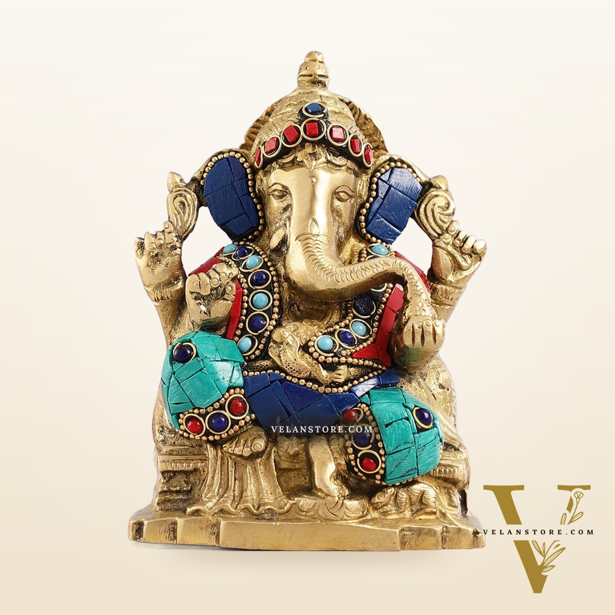 Brass Ganesha Statue with Stonework - 5.5 inch Perfect Gift"