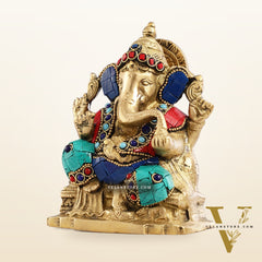 Brass Ganesha Statue with Stonework - 5.5 inch Perfect Gift"