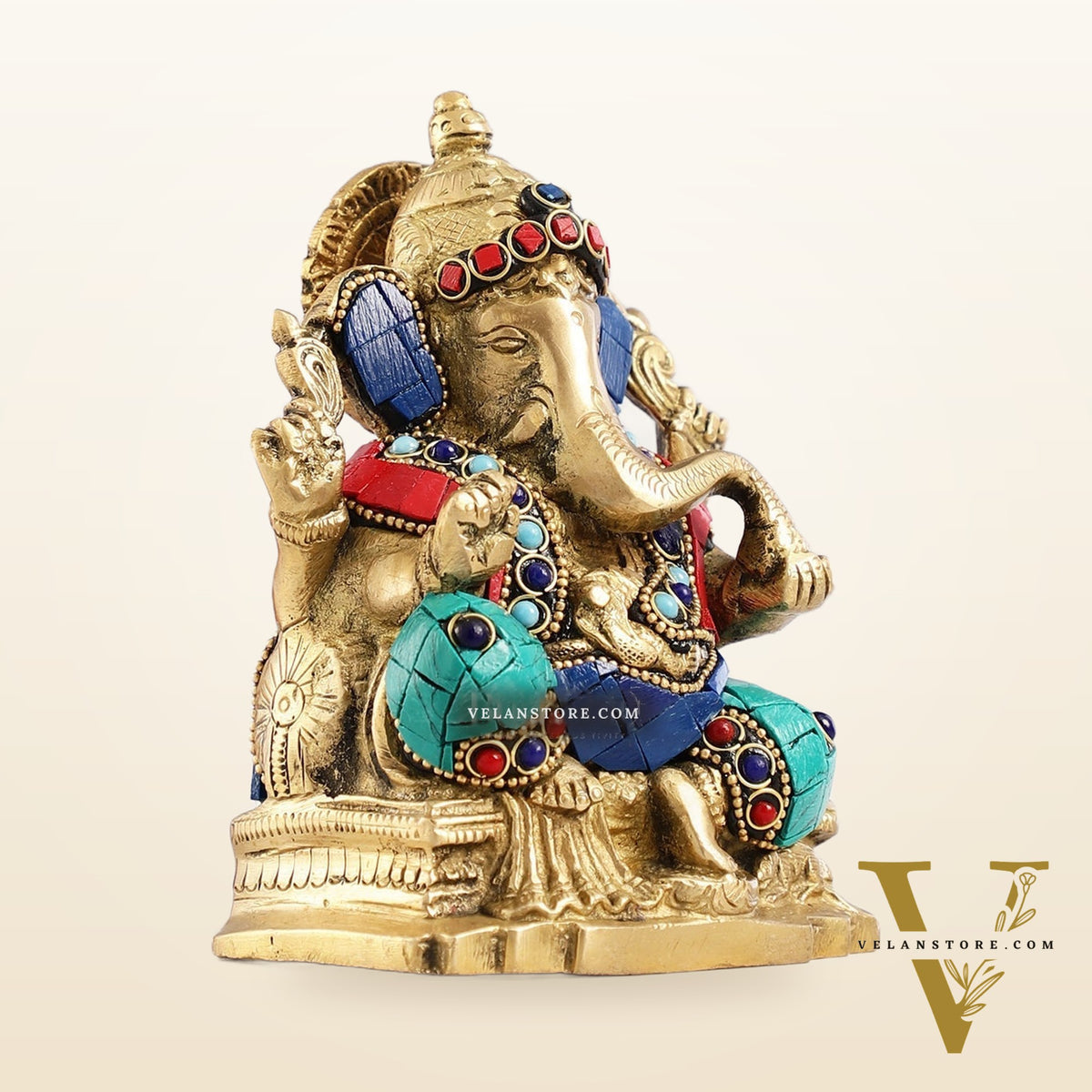 Brass Ganesha Statue with Stonework - 5.5 inch Perfect Gift"
