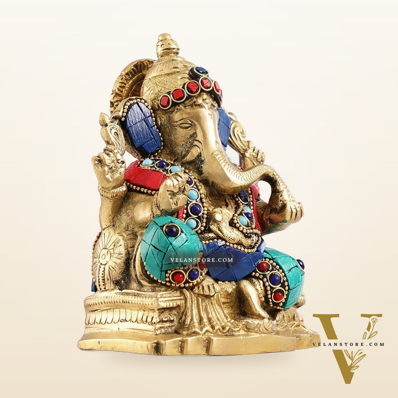 Brass Ganesha Statue with Stonework - 5.5 inch Perfect Gift"