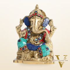 Brass Ganesha Statue with Stonework - 5.5 inch Perfect Gift"